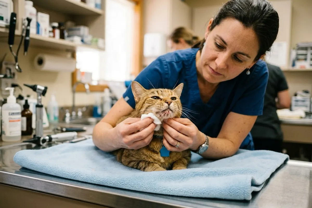 Examen vétérinaire du menton d'un chat présentant de l'acné féline et des comédons