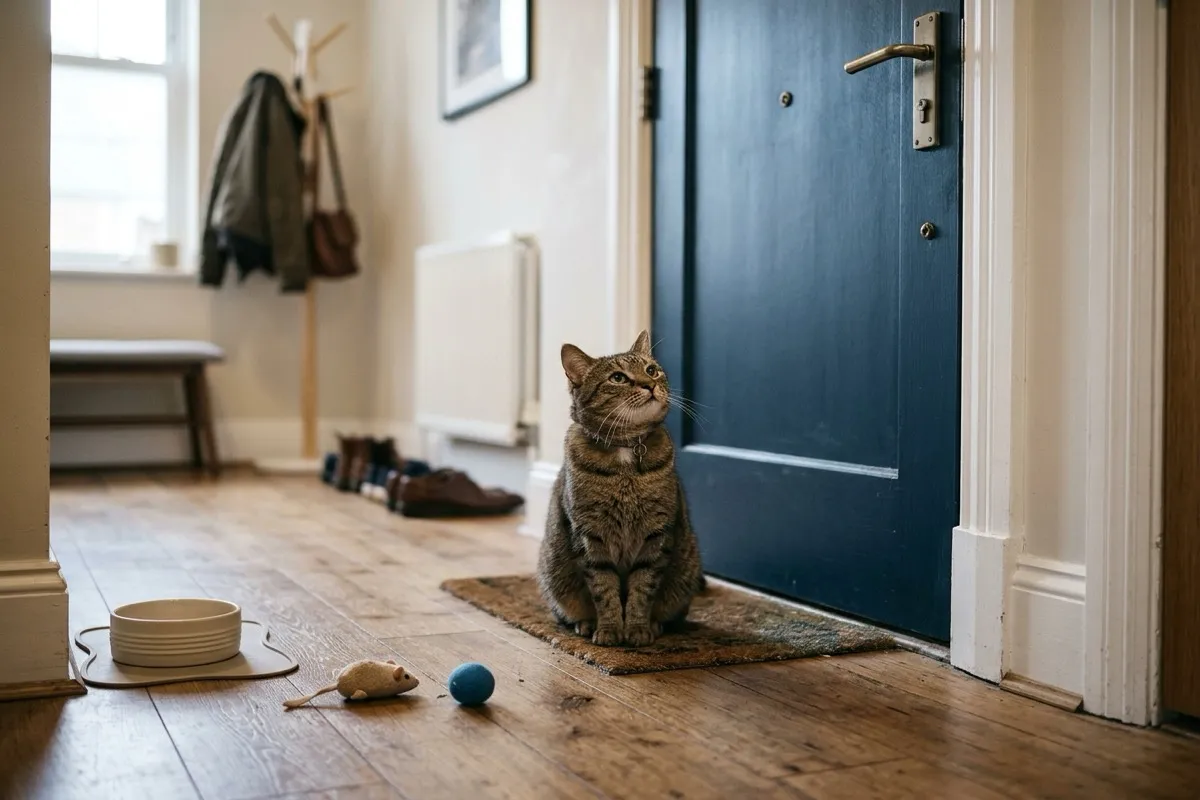 Chat assis près de la porte d'entrée exprimant une détresse liée à l'anxiété de séparation