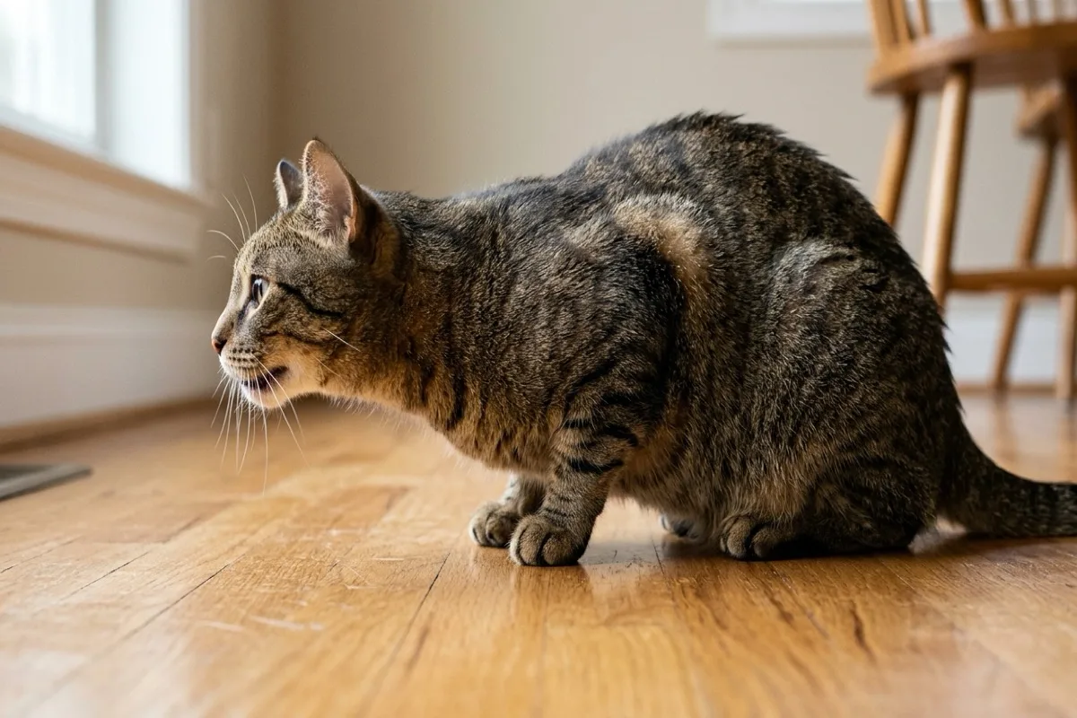 Katze in typischer asthmatischer Haltung mit flach nach vorn gestrecktem Hals bei schwerer Atemnot