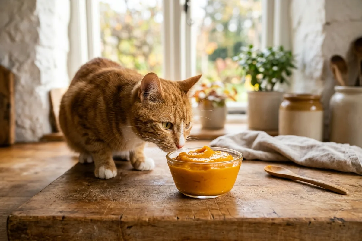 Домашняя кошка возле миски с влажным кормом, в который добавлена порция натурального оранжевого пюре из отварной тыквы