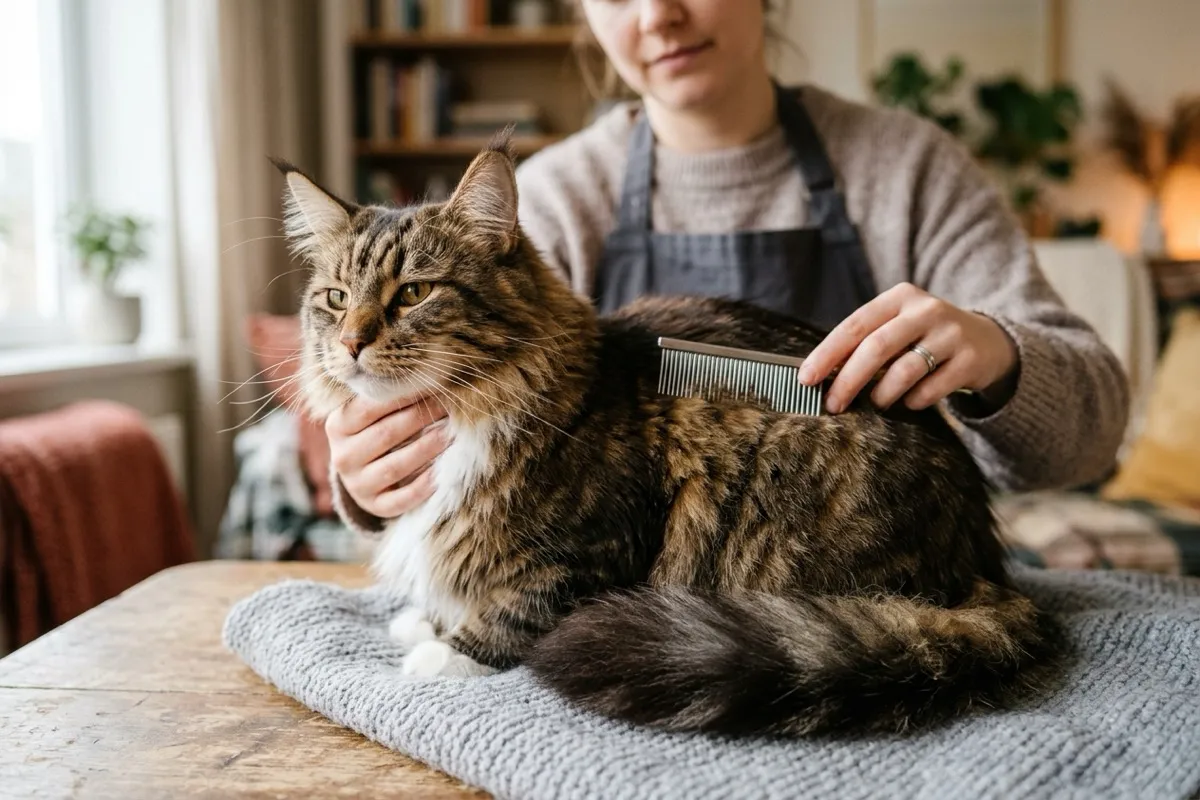 Мейн-кун с роскошной длинной шерстью, которую аккуратно расчесывают металлическим гребнем
