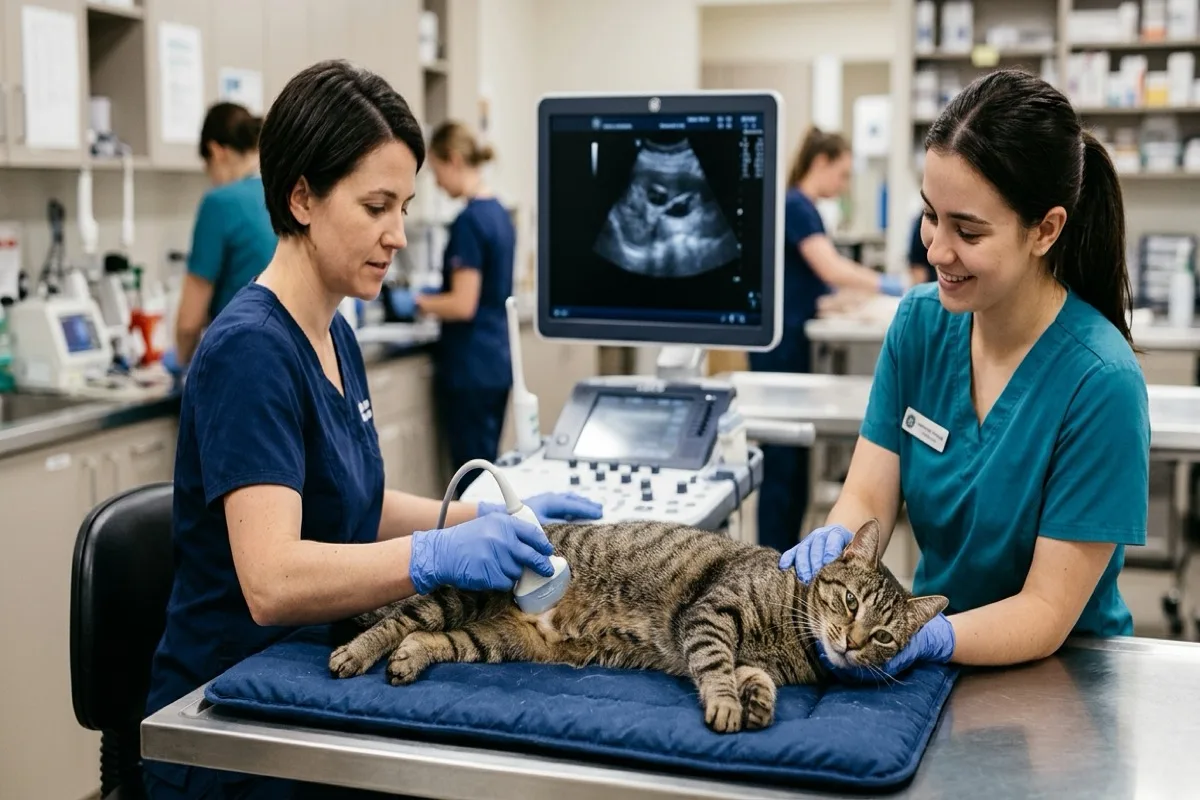 Veterinary examination of a cat with bladder ultrasound during a feline cystitis evaluation