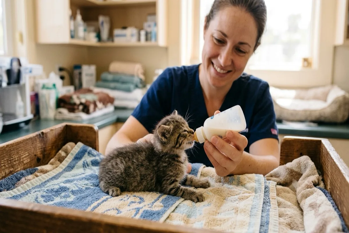 Alimentation au biberon adapté et soins thermiques pour chaton orphelin nouveau-né