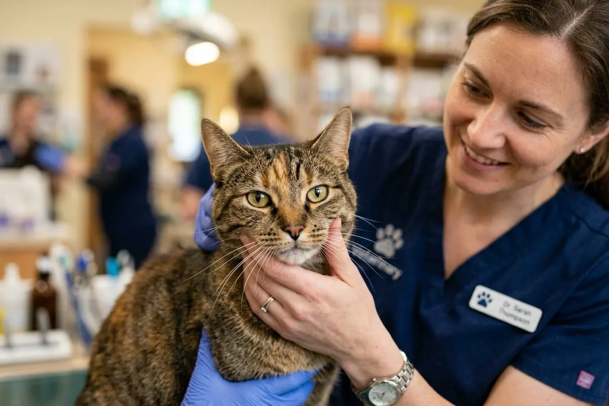 Vétérinaire examinant avec précision les dents et le regard d'un chat adulte adopté