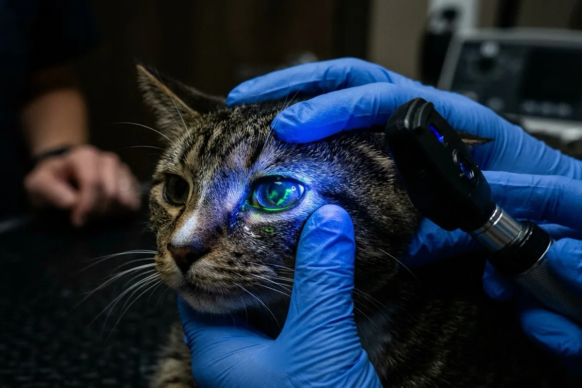 Veterinary ophthalmic examination with green fluorescein dye under cobalt blue illumination
