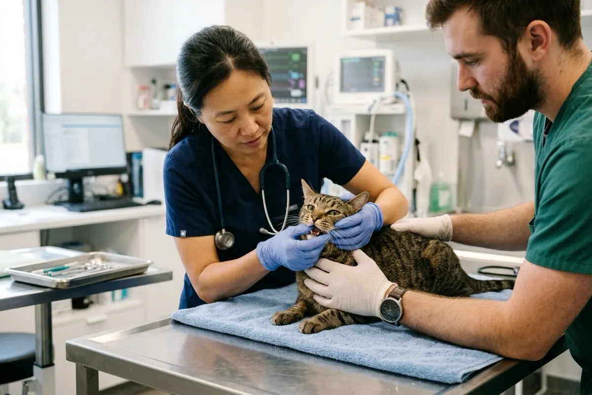 Examen vétérinaire d'urgence d'un chat domestique suspecté d'avoir avalé un corps étranger linéaire