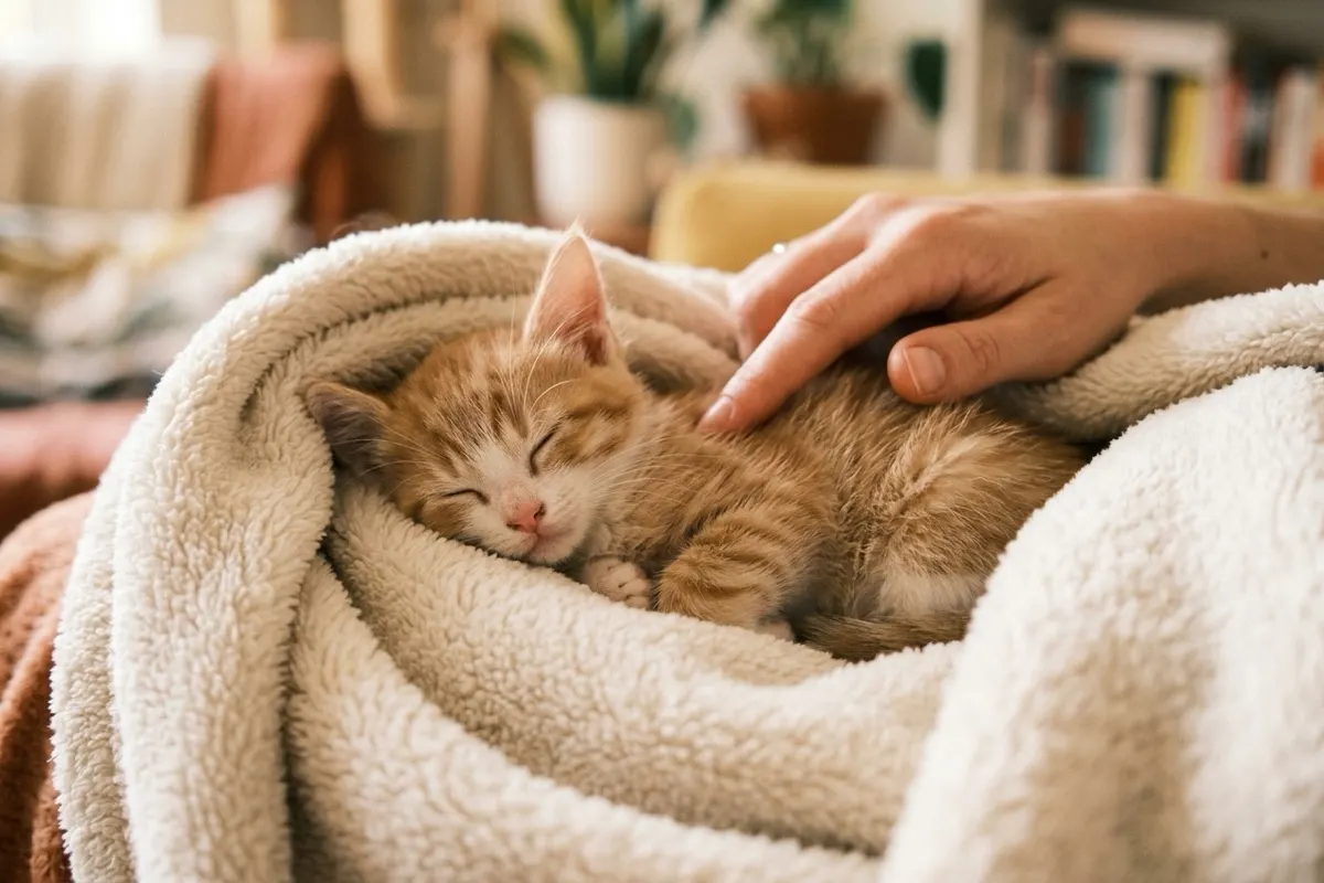 Jeune chaton au chaud sous une serviette recevant des soins hydratants attentifs