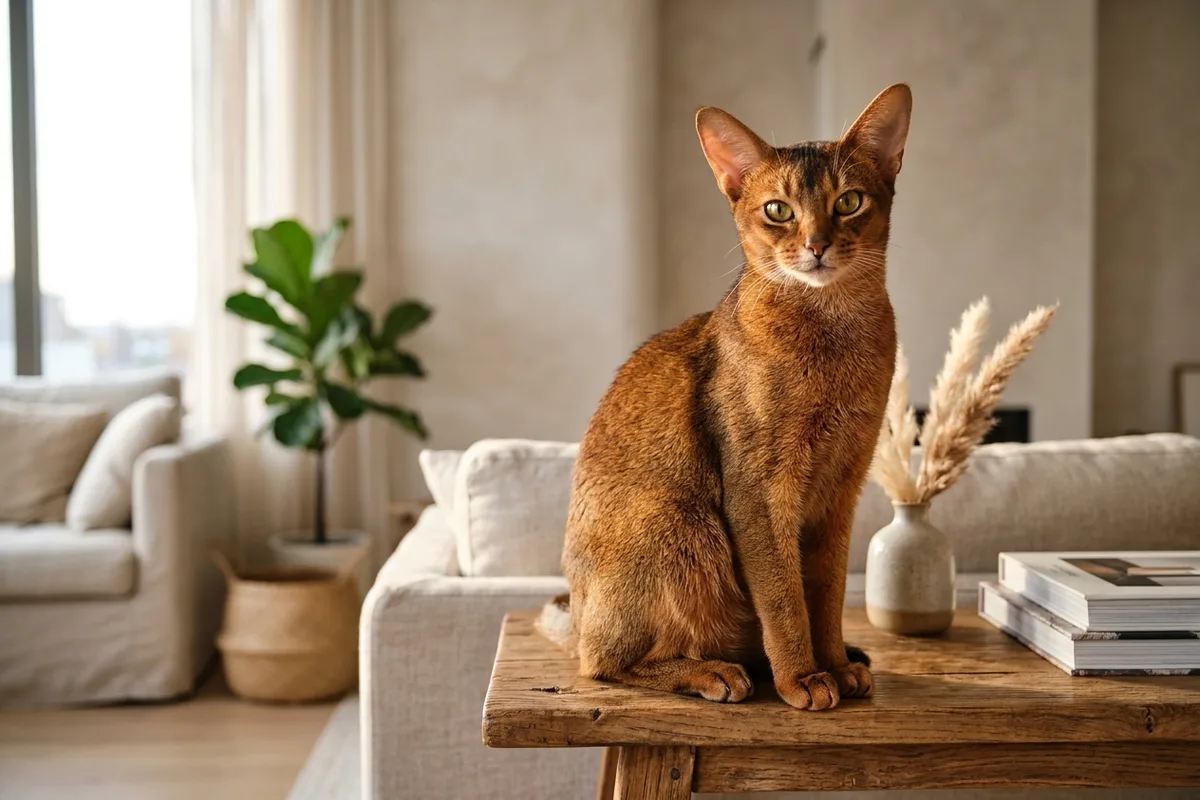 Gato abisinio atlético y elegante de pelaje ticked cálido rojizo descansando atento en una habitación luminosa