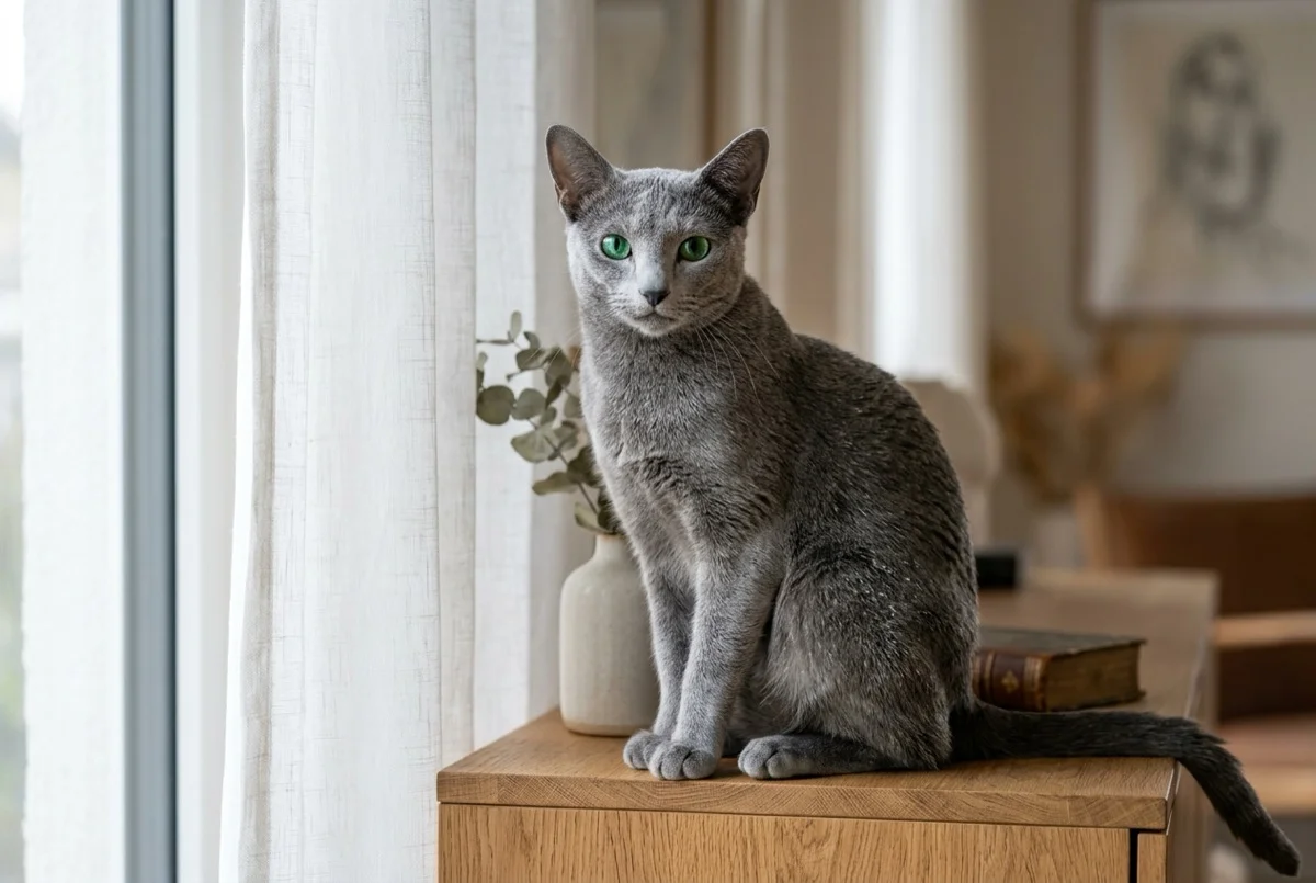 Gato Azul Ruso de cuerpo esbelto con pelaje azul plateado brillante y vivos ojos verdes esmeralda junto a una ventana