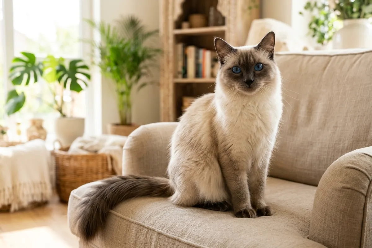 Elegante gato Balinés de manto sedoso color crema con puntas oscuras seal point y ojos azul zafiro sentado en un sillón beige