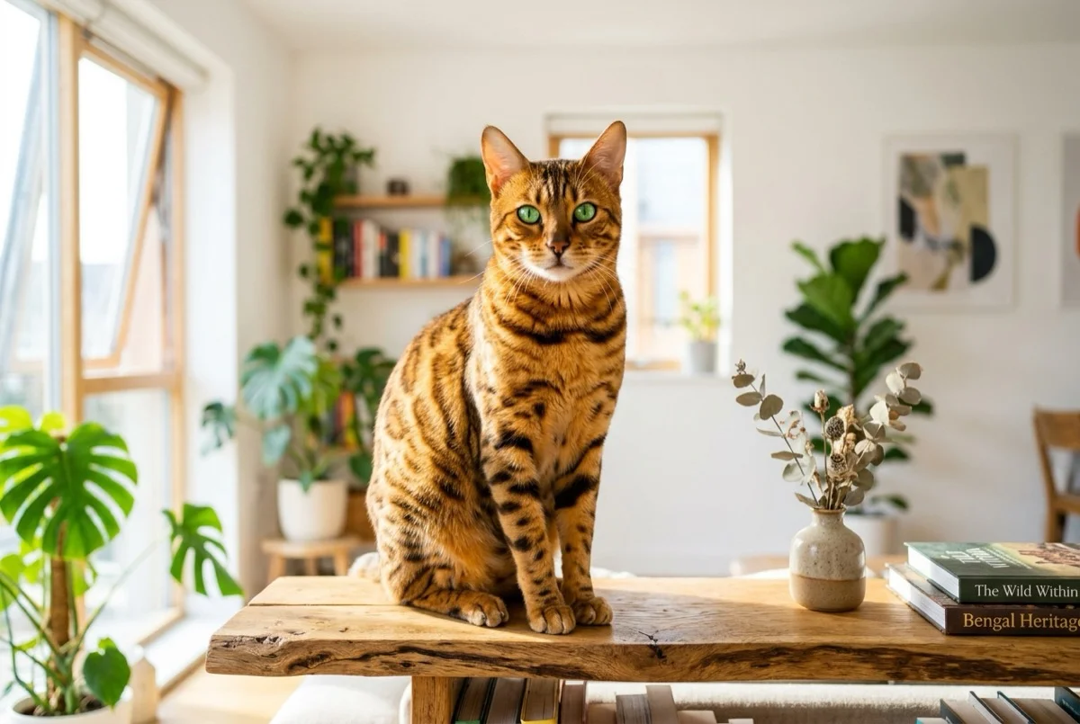 Gato Bengal atigrado con rosetas oscuras bien definidas y ojos verdes brillantes sentado con porte atlético sobre una mesa de madera