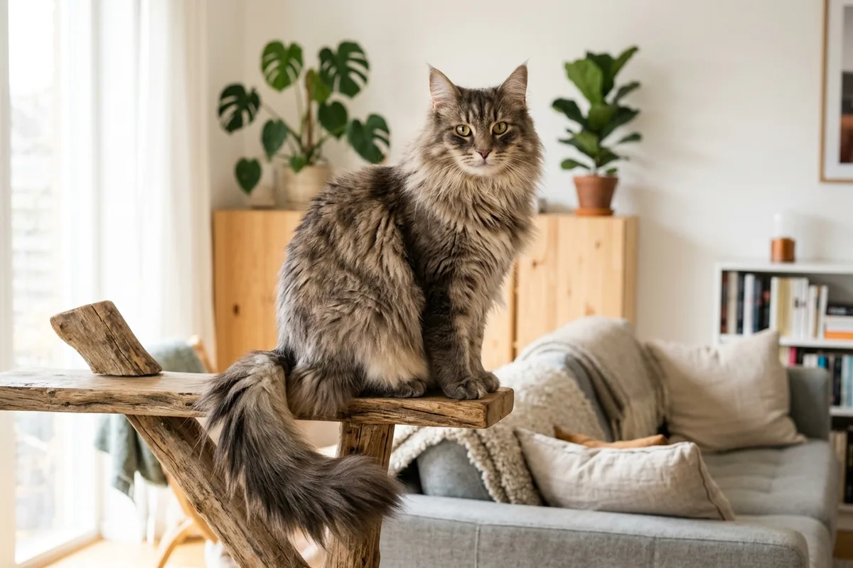 Majestuoso gato Bosque de Noruega de pelaje semilargo atigrado sobre una estructura rústica de madera en un salón escandinavo