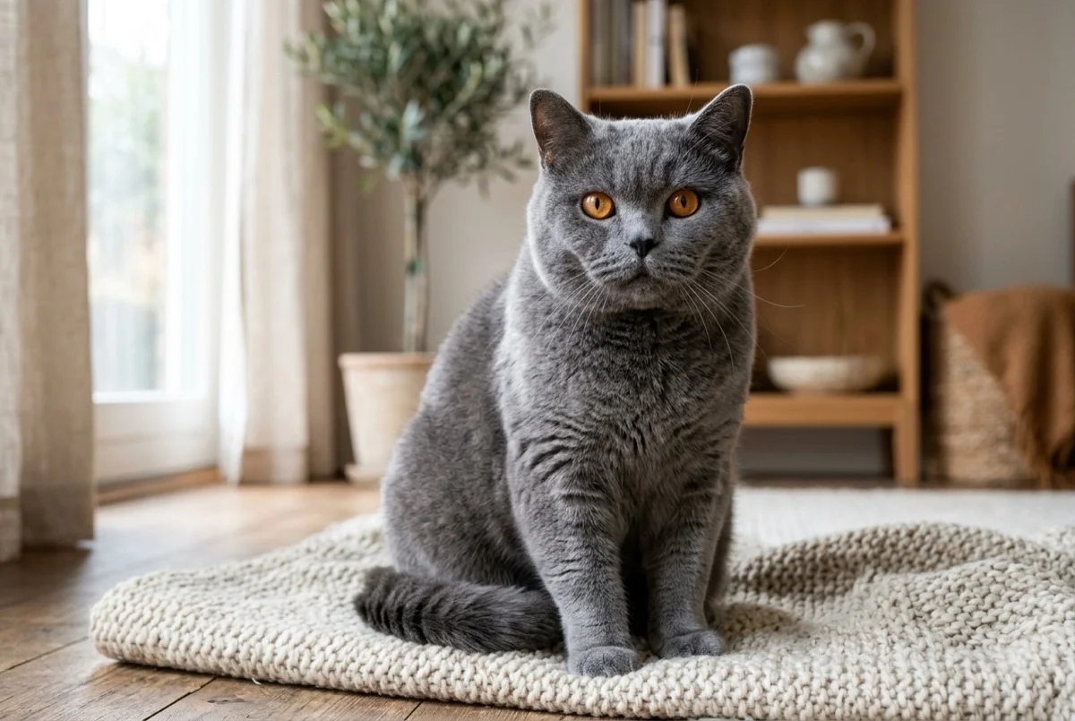 Gato British Shorthair azul de pelaje denso afelpado y ojos cobrizos redondos sobre manta de punto
