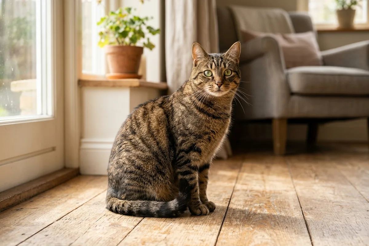 Gato común europeo atigrado sentado con elegancia sobre suelo de madera rústica junto a una ventana luminosa