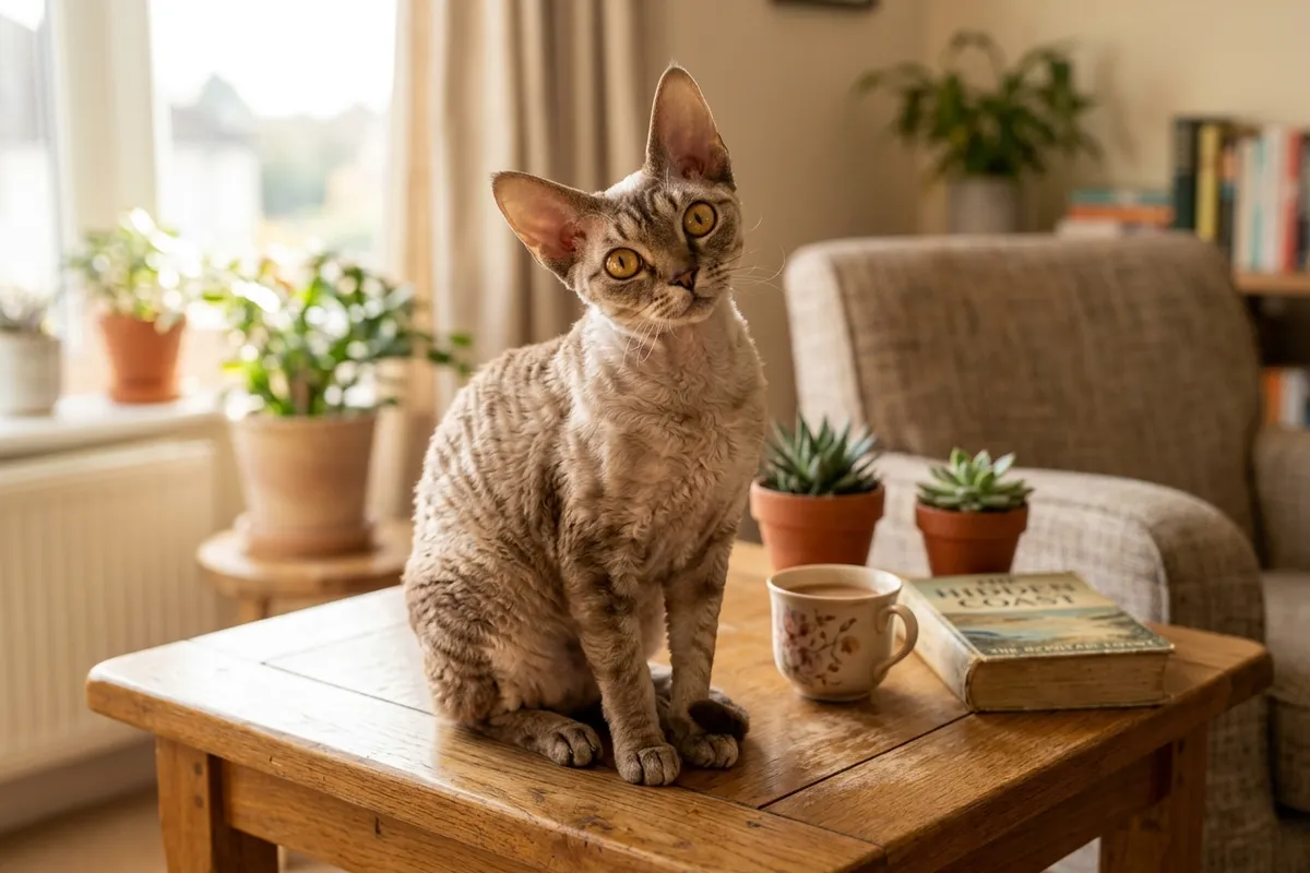 Gato Devon Rex de pelaje rizado ondulado color crema con enormes orejas y mirada atenta sentado sobre una superficie de madera clara