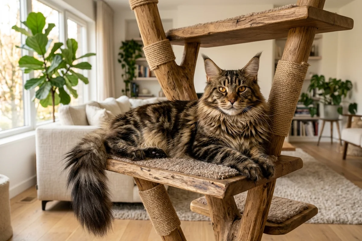 Imponente gato Maine Coon atigrado pardo con penachos de lince y gola densa descansando con majestuosidad en un rascador de madera maciza