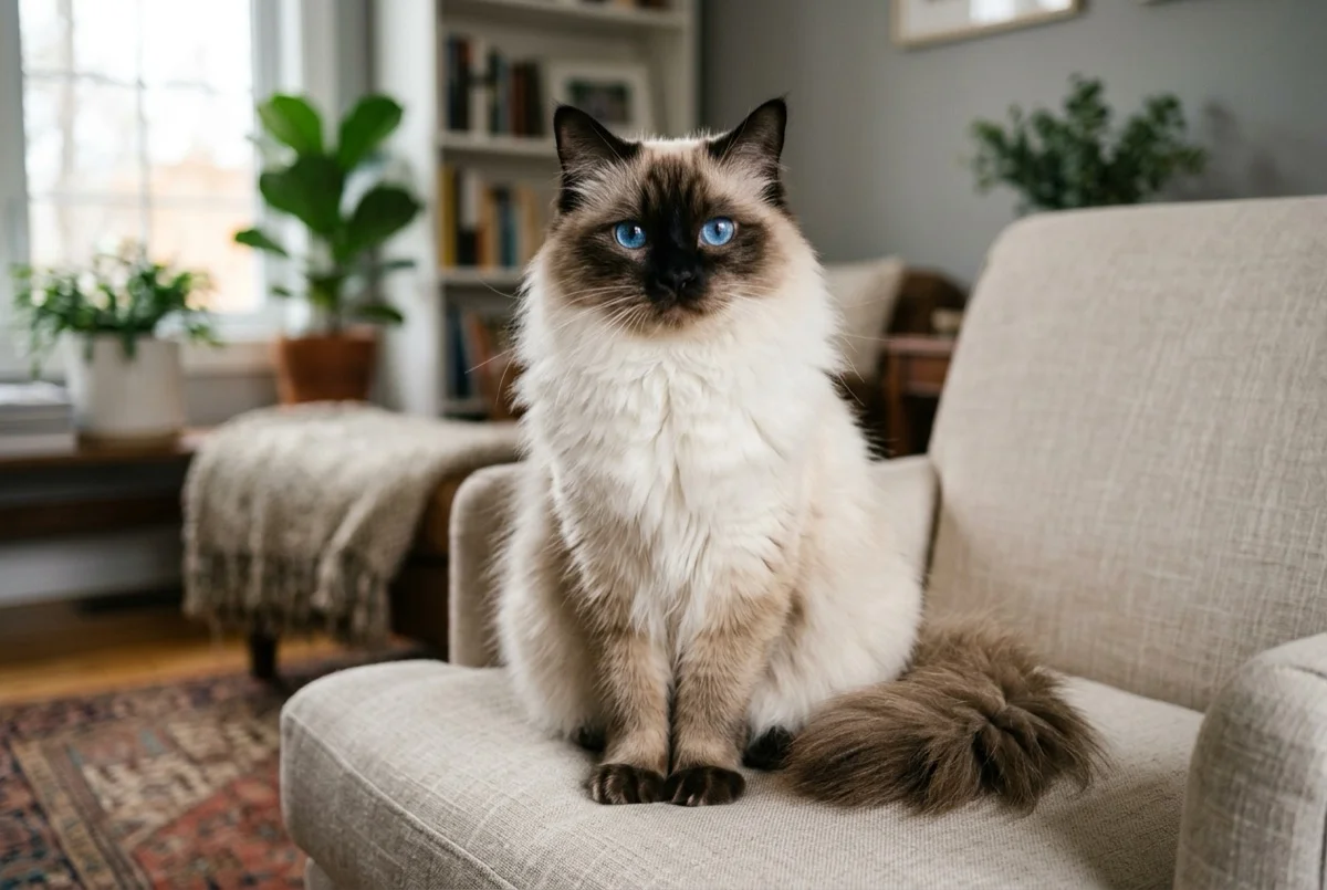 Gato Ragdoll con pelaje esponjoso colorpoint sello y profundos ojos azules zafiro sentado con dulzura en una butaca moderna
