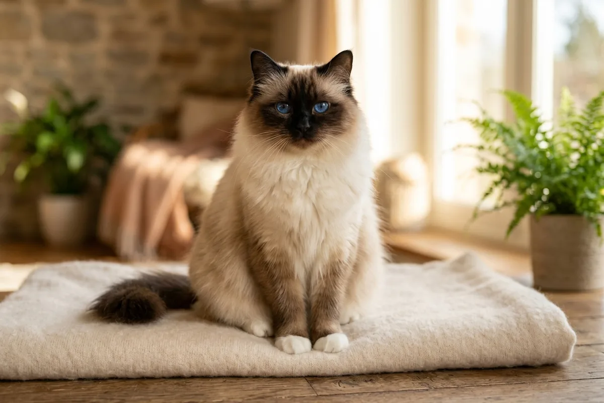 Gato Sagrado de Birmania adulto sentado elegantemente con profundos ojos azul zafiro, pelaje crema sedoso y guantes blancos inmaculados