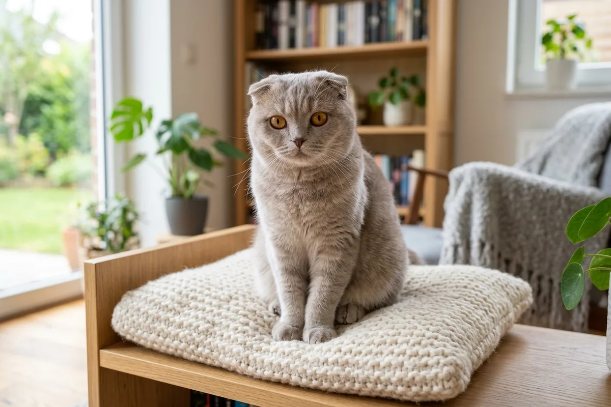 Gato Scottish Fold de pelaje lila grisáceo y ojos ámbar sentado sobre un cojín de lana en una sala luminosa