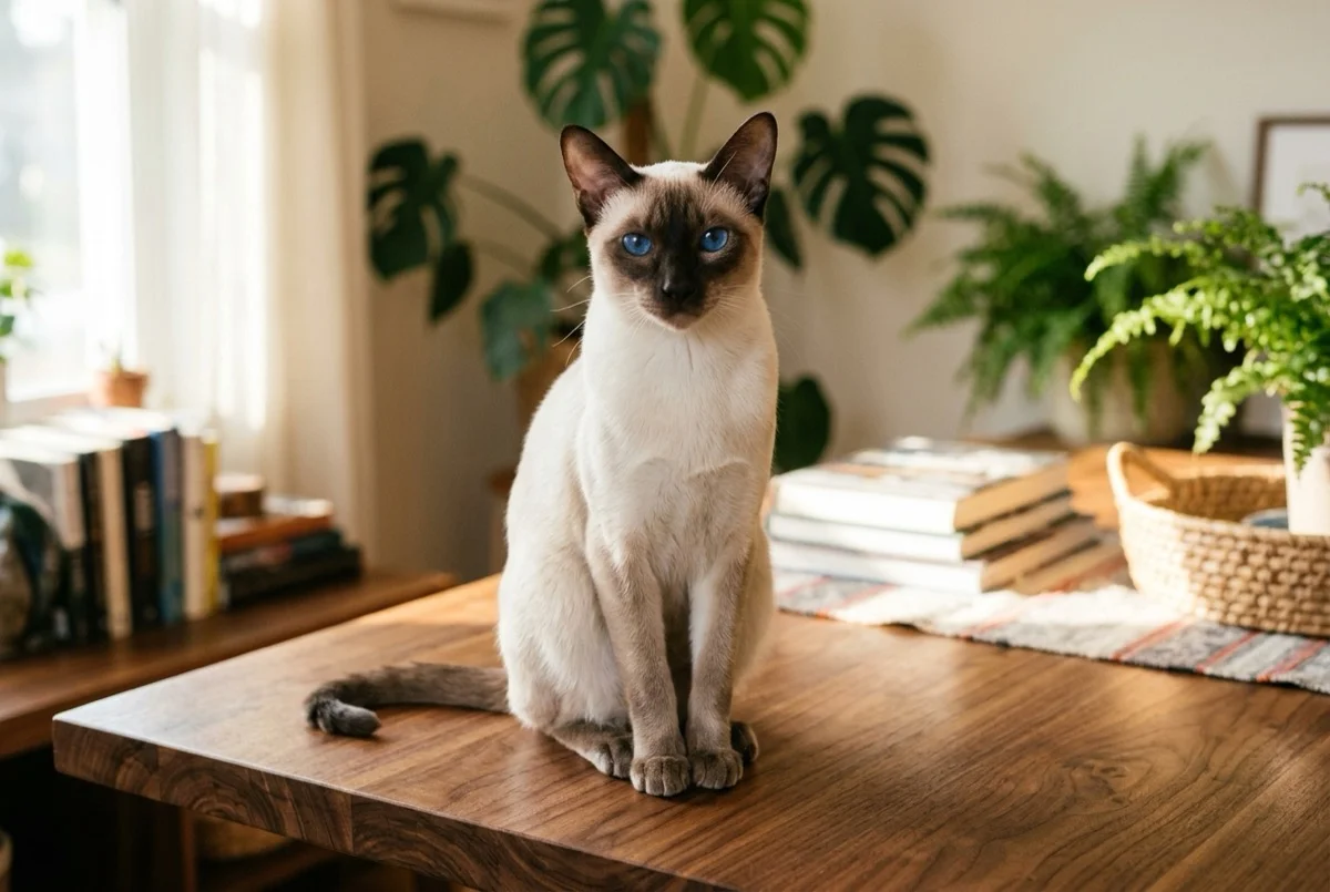 Gato Siamés elegante de cuerpo estilizado con antifaz y orejas marrón foca y ojos almendrados azules intensos sentado con distinción