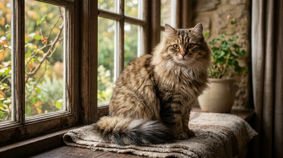 Majestuoso gato Siberiano de abundante pelaje semilargo atigrado sentado junto a una ventana rústica