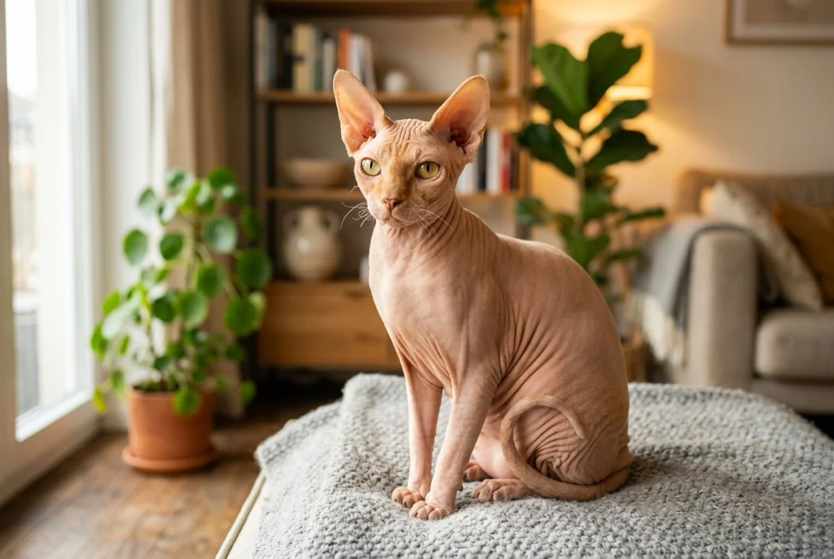 Gato Sphynx sentado con porte elegante, piel rosada con pliegues suaves y grandes orejas triangulares