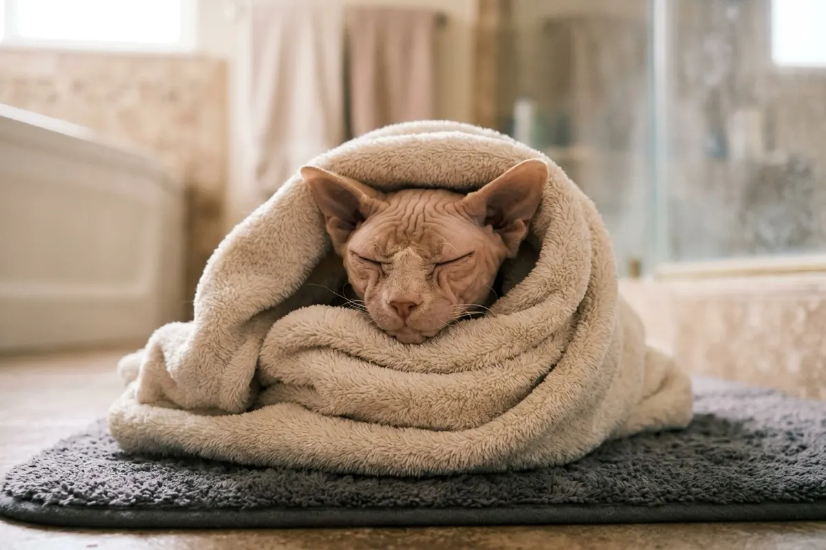 Chat Sphynx apaisé emmailloté dans une serviette douce en microfibre après un bain tiède