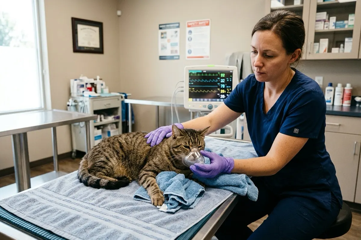 Tierärztliche Intensivbetreuung und Sauerstofftherapie bei einer Katze nach schwerem Hitzschlag
