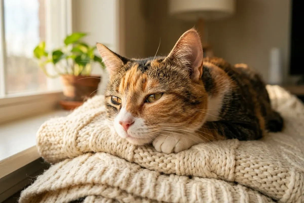 Chat de maison séropositif se reposant paisiblement dans un intérieur chaleureux et sécurisé
