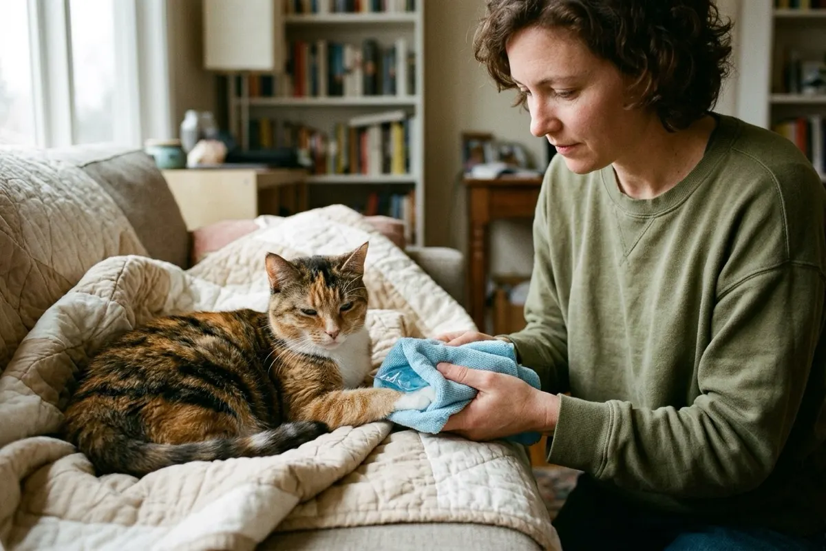 Katze wird nach einem Insektenstich tierärztlich untersucht und mit kalten Kompressen versorgt