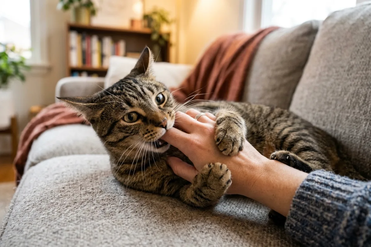 Domestic tabby cat gently mouthing guardian hand while resting on a living room sofa