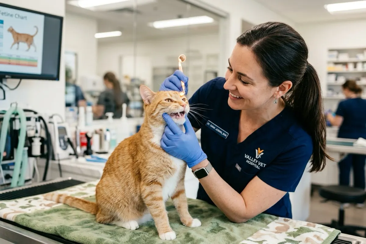 Chat domestique recevant un examen buccal doux avec des gencives saines et des dents nettes